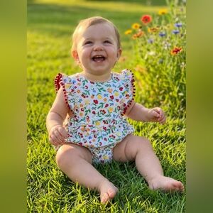 Goodlad Floral Baby Romper with Red Ladybug Accents Sz 18M Matching Hat